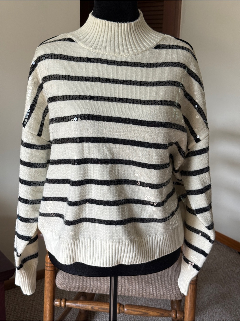 Sequin Striped Turtleneck Sweater - Ivory and Black
